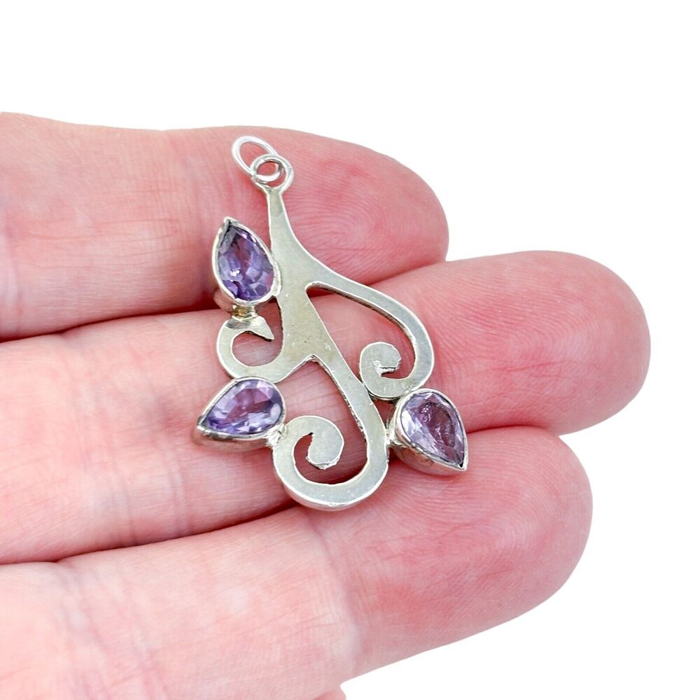 Vintage Sterling Silver 925Teardrop Amethyst Scroll Pendant